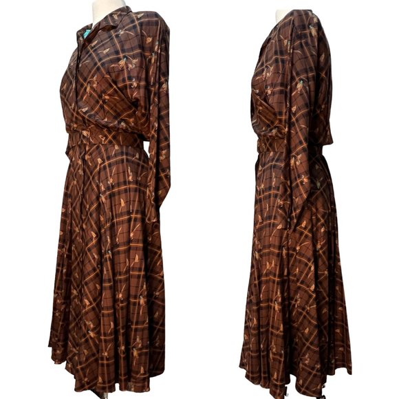 Charter Club Dresses Vintage Brown Plaid Pheasant Print Long Dress